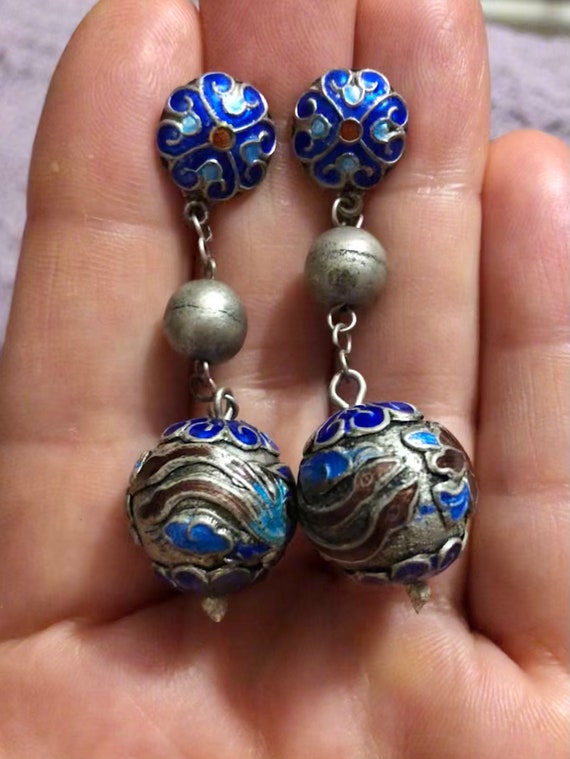 Antique Chinese Enameled Dangles Pierced Chinese … - image 8