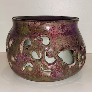 Stunning Purple Art Pottery Candle Holder Pierced Open Work Design Ceramic Votive Holder Artist Signed Marsi Hippie Boho Tealight Display