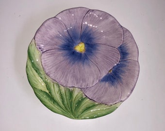 Vintage San Marco Nove Italy Majolica Violet Pansy Dessert Salad Plate Purple Flowers Italian Majolica Floral Dish Wall Art