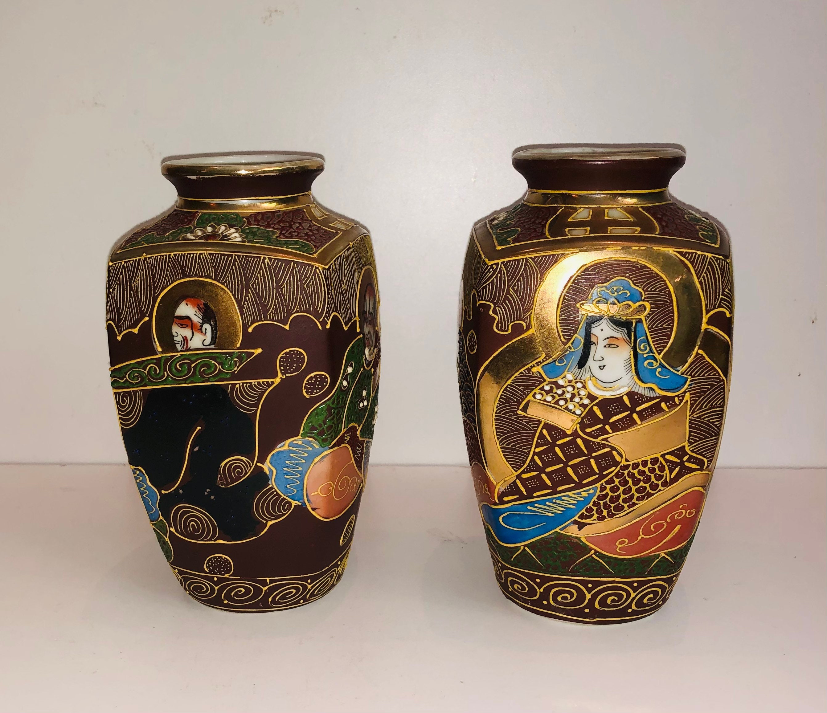Pair Antique Japanese Satsuma Vases Moriage Geisha Girls