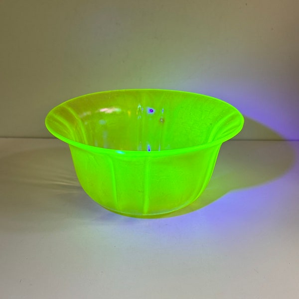 Vintage Art Deco Tiffin Panel Yellow Vaseline Stretch Glass Bowl Iridescent Carnival Glass Uranium Glass Glows 8”