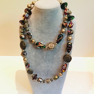 Fun Art Glass & Metal Bead Necklace Assemblage Strand Nearly 40 Inches Assorted Bead Lot Strand to Wear or Upcycle