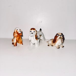 3 Vintage Midcentury Ceramic Dog Figurines Lefton Basset Hound 8278 & 2 Cocker Spaniels Dollhouse Miniature Pets Mini Canine Collection