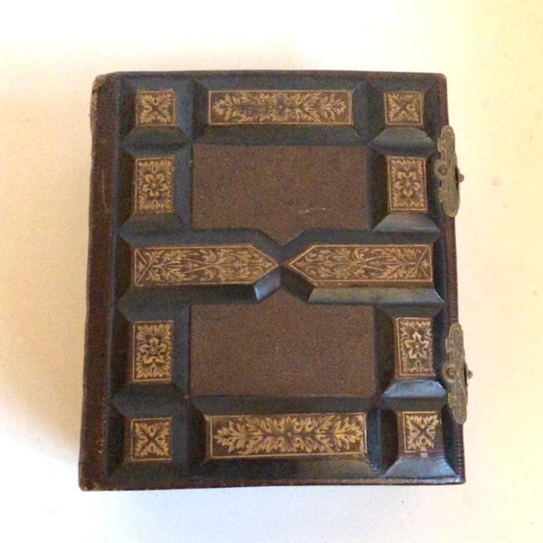 HTF Petite Antique 1865 Harding’s Embossed Victorian Tooled Leather Photo Album Gilded Edges Double Brass Ribbon Clasp Tintypes Filled Book