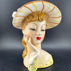 1956 Mid Century Napco Lady Head Vase Planter Rhinestones Striped Sun Hat Closed Eyes Long Lashes MCM Kitsch Statue Crazing C1775B AS IS