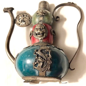 Antique Chinese Incense Burner Silver & Serpentine Stone Foo Dog Foo Lions Elephants Quilong Dragons Bats ca early 1900s