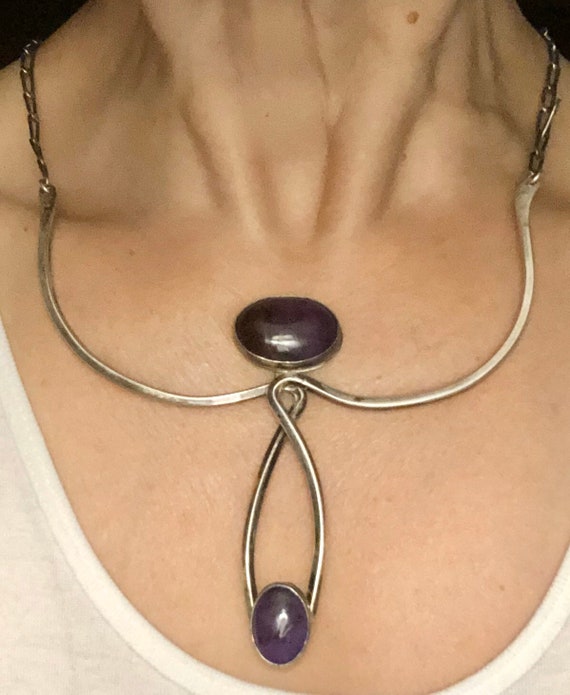 Modernist Charoite Necklace Silver Collar Bib Necklace Designer Bib Collar Necklace Artist Signed Purple Stones Hippie Jewelry