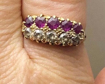 Antique English 18K Gold Diamond Ruby Double Row Cluster Ring 1.25 Carat Alternative Engagement Ring size 8 1/4 Fully Hallmarked!