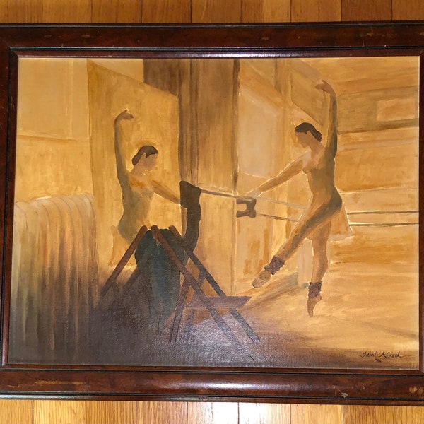 VTG Peinture à l'huile Danseurs de ballet ballerines Studio de pratique de la danse Barre décor encadré signé Feni Alred daté 1986 superbe ombrage éclairage