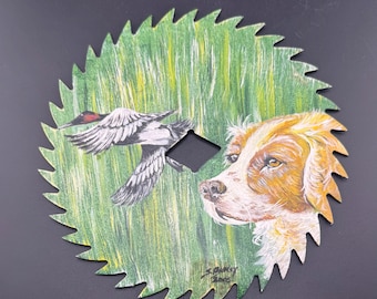 Vintage zaagblad volkskunst jacht Bretagne spaniël hond eend vogel tijdens de vlucht schilderij Cabin Lodge Wall Art kunstenaar ondertekend S Buckley 2005