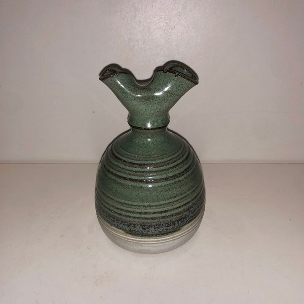 Vintage Ceramic Redware Oil Lamp Weed Pot Bud Vase in Shiny Green Glaze Hippie Boho Pottery Pinched Spout Signed CC