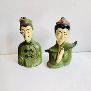 Vintage MCM Asian Chalkware Busts Mid Century Modern MCM Chinese Statue Set Man and Woman Chinoiserie Oriental Decor Matching Pair As Is