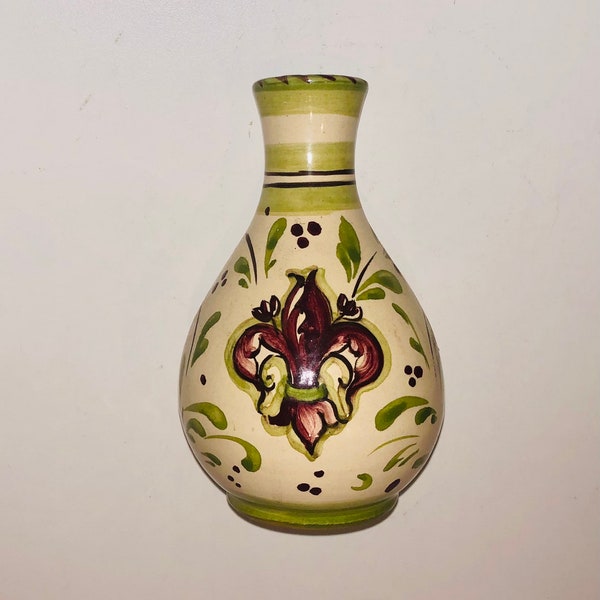 Charming Vintage Italian Art Pottery Bud Vase Hand Painted Fleur-de-lis Swirls Firenze Italy Bulbous Redware Folk Art Ceramic French Style