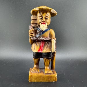 Antique Chinese Hardstone Sculpture Chinese Fisherman or Farmer Holding Rope & Axe 1900s Polychrome Miniature AS IS