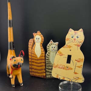 Primitive Wood Folk Art Cat Figures Indonesian Wooden Long Tailed Ginger Ring Holder Striped Feline Light Switch Plate 2 Tabby Kitty Panels