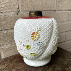 Antique Victorian Milk Glass Kerosene Oil Lamp Consolidated Glass #1080 Embossed Floral Daisy Cosmos Flower Pattern Swirls BASE ONLY