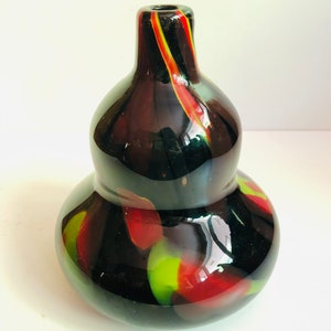 Hand Blown Vintage Art Glass Bud Vase End of the Day Vase Red Green Yellow Black Cased Murano Style Gourd Vase 6 1/2” !