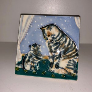 Adorable Mama Cat and Her Baby Kitten Majolica Tile Striped Tabby Kitty Cats for Wall or Table Crazy cat Lady Gift Grandmother Core