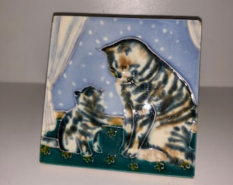 Adorable Mama Cat and Her Baby Kitten Majolica Tile Striped Tabby Kitty Cats for Wall or Table Crazy cat Lady Gift Grandmother Core