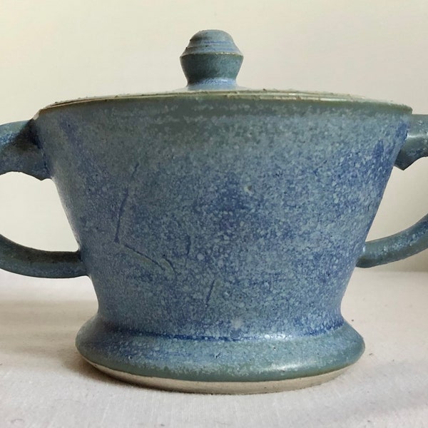 Hand Thrown Art Pottery Double Handled Stoneware Sugar Bowl Studio Pottery Blue Condiment Bowl Jelly or Jam Bowl Honey Pot as is