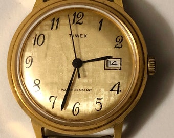 Rare Vintage Timex Marlin Watch Gold Tone Base Bezel w Stainless Steel Back Dust and Water Resistant Date Number 2656102575 As Is