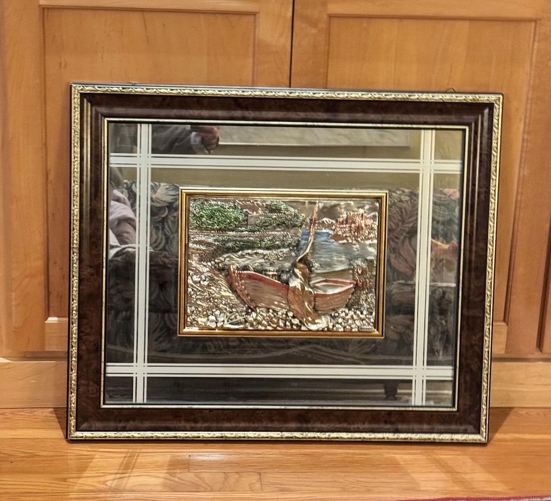 アンティーク調額縁大　ゴブラン刺繍イタリア町風景 Vintage Creazioni Artistiche Mirrored Anchored Sailboat