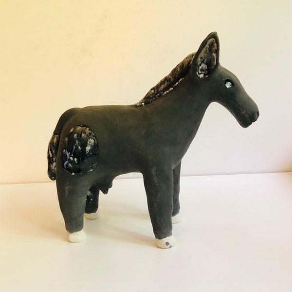 Unusual Heavy Ceramic Black Donkey Horse Sculpture Statuette Glazed and Unglazed Studio Art Pottery Burro Animal Figure As Is