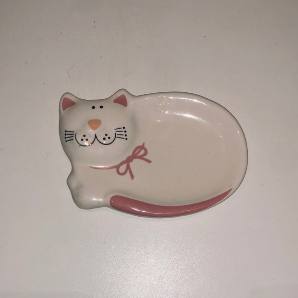 Whimsical Ceramic Kitty Cat Spoon Rest Teabag Holder Smiling Cat Soap Tray Figurine Pink Ears Crazy Cat Lady Gift Kitchen Decor