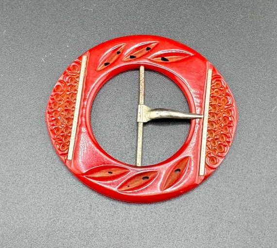 Vintage Art Deco Red Bakelite Carved Belt Buckle Cherry Coca Cola