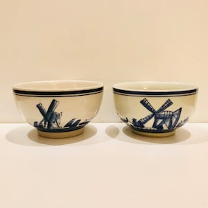 Beautiful Pair Small Vintage Delft Bowl Set Painted Rural Holland Windmill Sailboats Farm Scene Blue & White Kitchen Coastal Grandmother