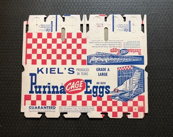 NOS Vintage Mid Century Purina Cage Eggs Egg Carton Boxes Kiel's & Jarisch Egg Farm Texas Farms Kitchen Wall Art Chickens American Heartland