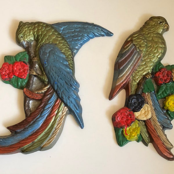 Brilliant Vintage Plaster Parrots Wall Hanging Pair SALE As Is Tropical island Decor Bird Lover She Shed Wall Art Coastal Grandmother