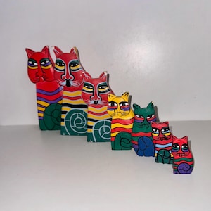 SEVEN Vintage Laurel Burch Style Cat Statues Balinese Wood Carved Brightly Striped Kitty Family Sculptures Kitten Lover Gift