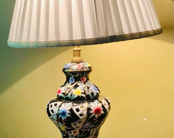 Mid-Century Italian Capodimonte Table Lamp Dolphin Base Lattice Work Painted Black Background Flowers Made in Italy Grandmother Core
