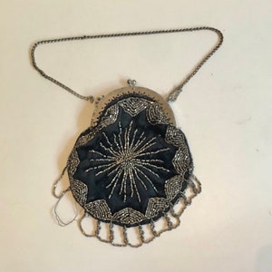 Antique Victorian Edwardian Steel Cut Beaded Bag Coin Purse Starburst Design Original Satin Lining Doll Accessory Shadowbox Dark Academia