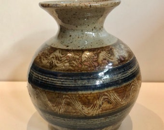 Beautiful Vintage Studio Art Pottery Vase Pot Hippie Boho Artist Signed Ceramic Cobalt Blue Brown Wavy Design Earthenware