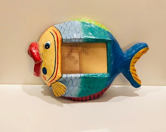 Vintage Mexican Paper Mache Fish Wall Hanging Picture Frame Sea Life Wall Art Handmade Hippie Coastal Grandma Papier Mâché Tropical Fish