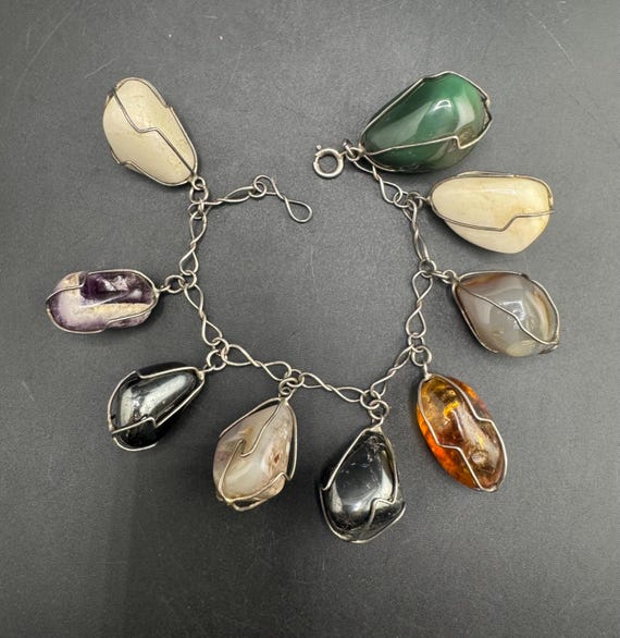 Vintage Agate Charm Bracelet Handmade Polished Stone Bauble Bracelet Real Gemstones