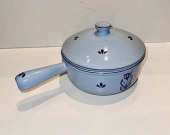 Vintage Dutch Dru Enameled Sauce Pan Lidded Pot w Handle Blue Tulip Saucepan Cast Iron Scandinavian Cookware Enamelware Made in Holland MCM