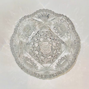 Antique Cut Crystal Bowl Radiating Suns Stars Flowers American Brilliant Period Victorian Crystal Saw Tooth ABP 8”