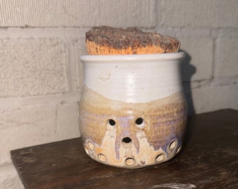 Gorgeous Hand Thrown Ceramic Garlic Keeper w Cork Lidded Container Potpourri Jar Kitchen Canister Studio Pottery signed Crowder Drip Glaze