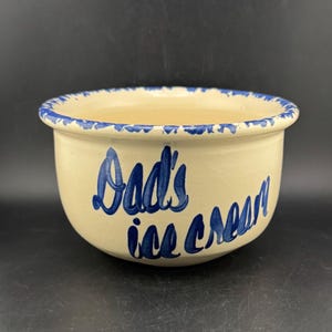 VTG Steinzeug Papas Eisschale Blau & Weiß Spongeware Volkskunst Dessert Teller Hand gedreht Vatertagsgeschenk E Texas Pottery Marshall Tx