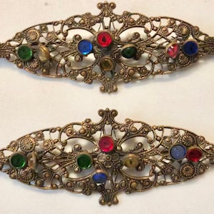 Antique Set of Brass Filigree Jeweled Brooches Ca 1930s Grandma&#39;s Jewelry Box Find Czech Filigree
