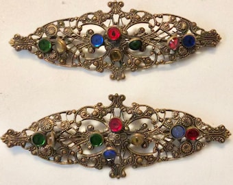 Antique Set of Brass Filigree Jeweled Brooches Ca 1930s Grandma's Jewelry Box Find Czech Filigree
