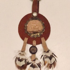 Vintage Ancient Ruins Precolumbian Terracotta Clay Mayan Bust & Feathers Wall Hanging Keychain 1994 Mexican Folk Art Assemblage