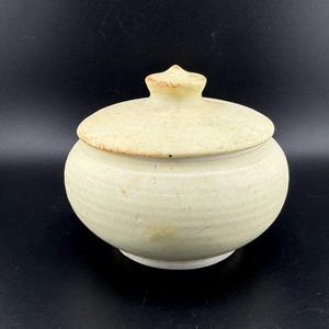 Puede incluir: Un pequeño tarro redondo de cerámica con tapa. El tarro es de color verde claro con una textura ligeramente rugosa. La tapa es de color marrón claro con una textura lisa.