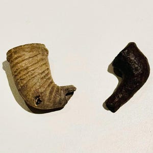 Ancient Precolumbian Clay Pipe Bowl Shard & Iron Age Metal Pipe Bowl Archeological Dig Discovery Anthropological Display Project Restoration