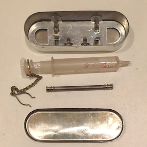 Antique French Syringe Kit in Chrome Case Portable Hyperdermic Needle Paris Medical Prop Display Soldiers Medicine Kit WWI Depression Era