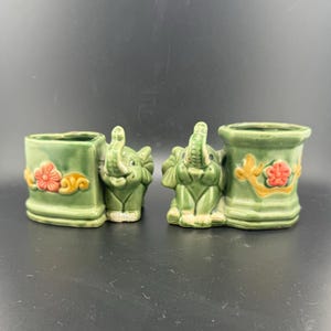 Adorable Matching Pair Ceramic Elephant Figurines Trunk Up Elephant Planters 1940s-50s One AS IS (small hairline) Miniature Elephant Vases