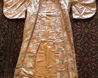 Vintage Asian Kimono Pink or Peach Satin Embroidery Double Faced Wear and Display